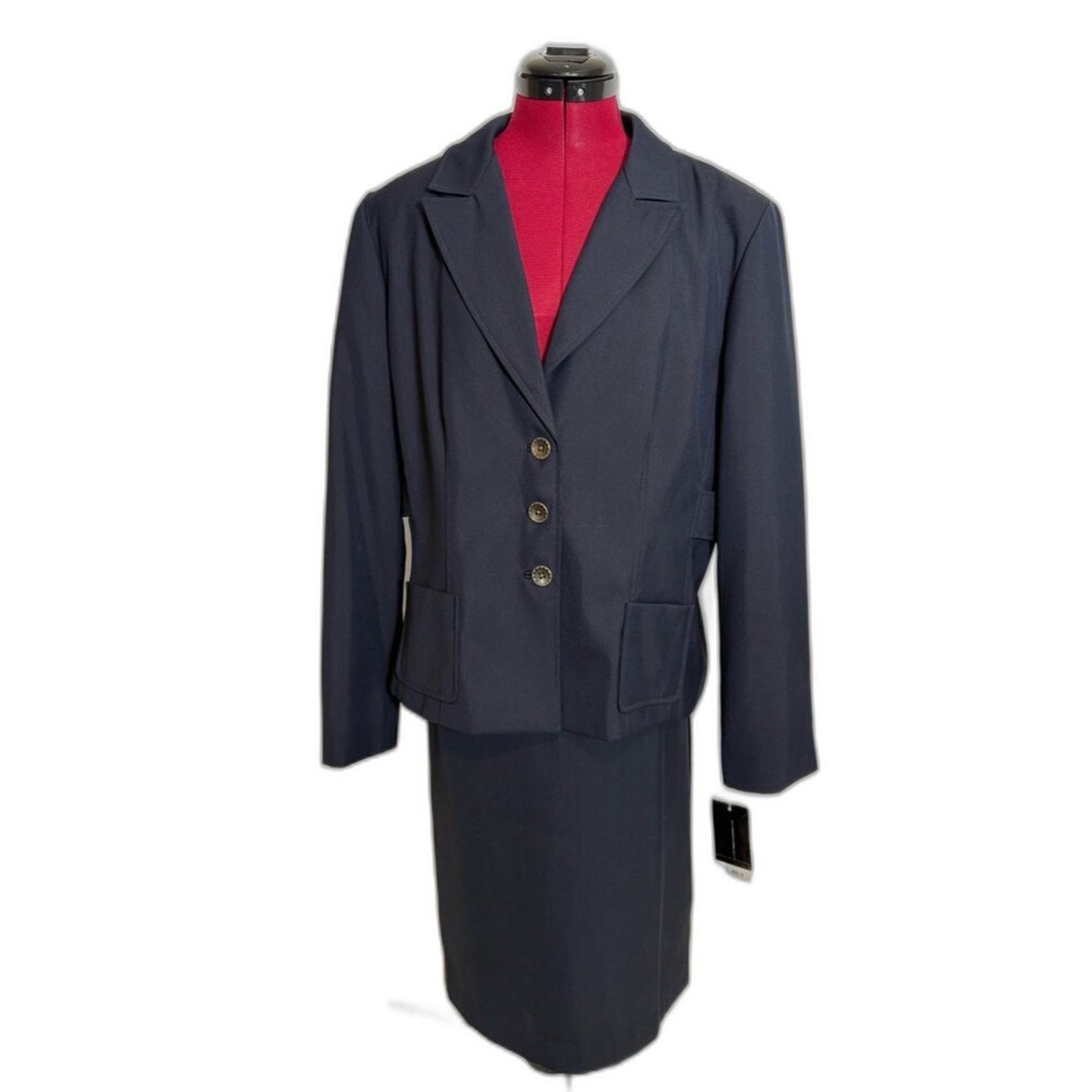 NWT Larry Levine Skirt Suit Women's Size 16 Navy Blue 2-Piece Set Blazer & Skirt